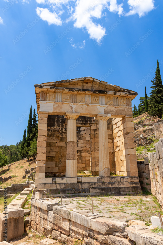 Ruins of the Athenian Treasury in Ancient Delphi, Greece