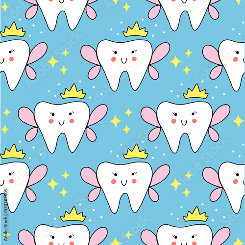 Seamless pattern of fairy teeth with stars. Concept for medical cabinet, dentistry advertising. Design print to social media, ad, textile, wallpaper, wrapping paper, poster.