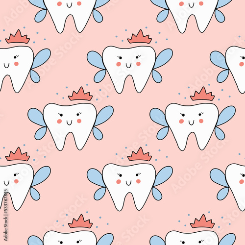 Seamless pattern of fairy teeth on pink backdrop. Concept for medical cabinet, dentistry advertising. Design print to social media, ad, textile, wallpaper, wrapping paper, poster.