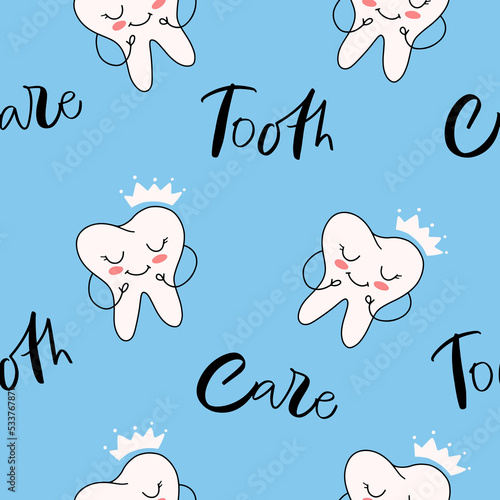 Seamless pattern of smiling tooth. Slogan of Care, Tooth. Blue background. Concept for dentistry advertising. Design print to social media, ad, textile, wallpaper, business card, wrapping paper.