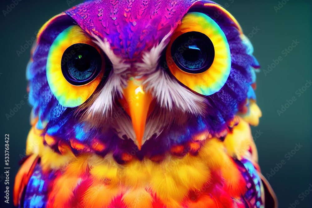 3 D render. Rainbow bright portrait of an owl in cartoon style