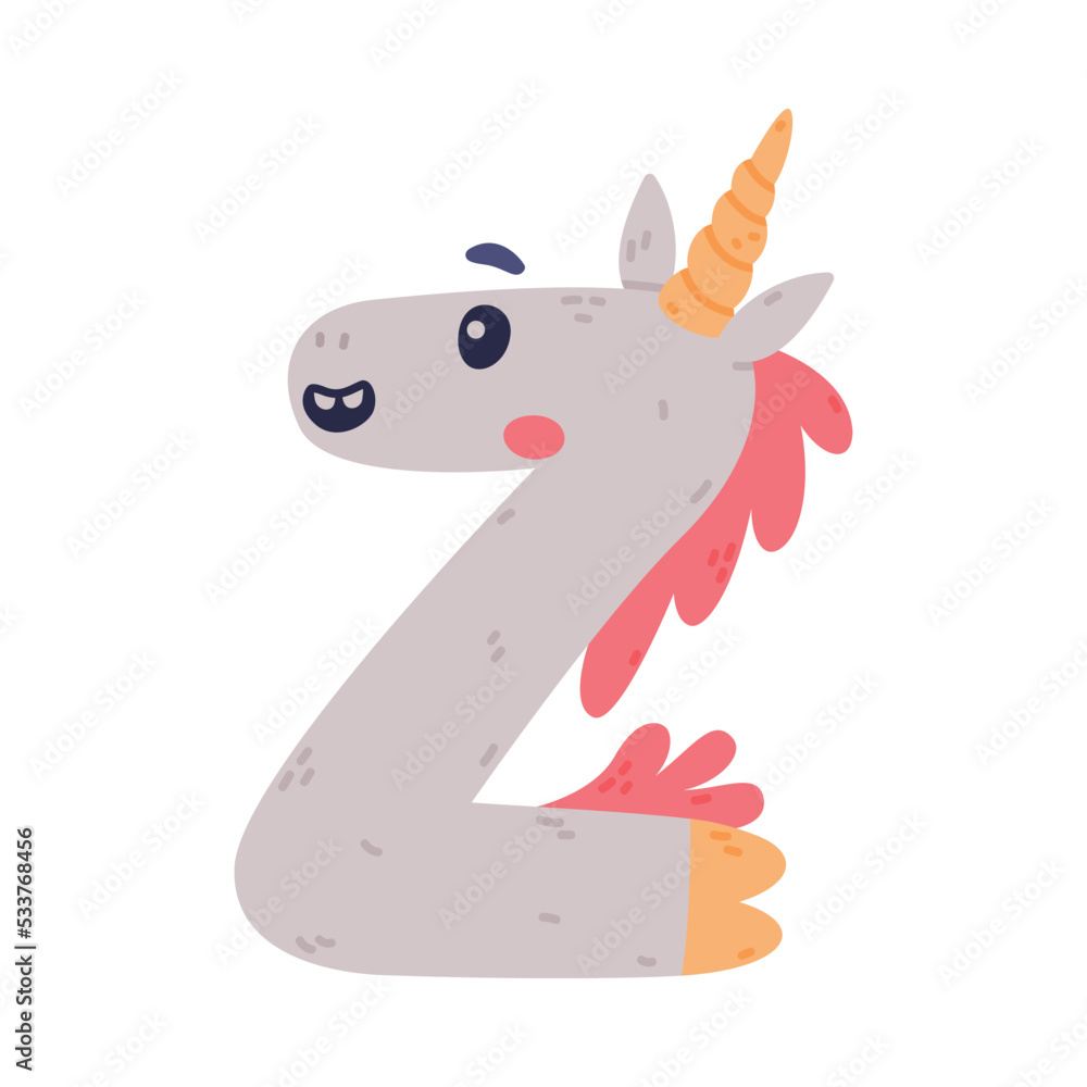 Obraz premium Unicorn Cute Alphabet Letter Z with Smiling Face and Twisted Horn Vector Illustration