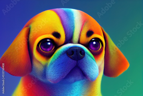 3 D render. Rainbow bright portrait of a dog in a cartoon style