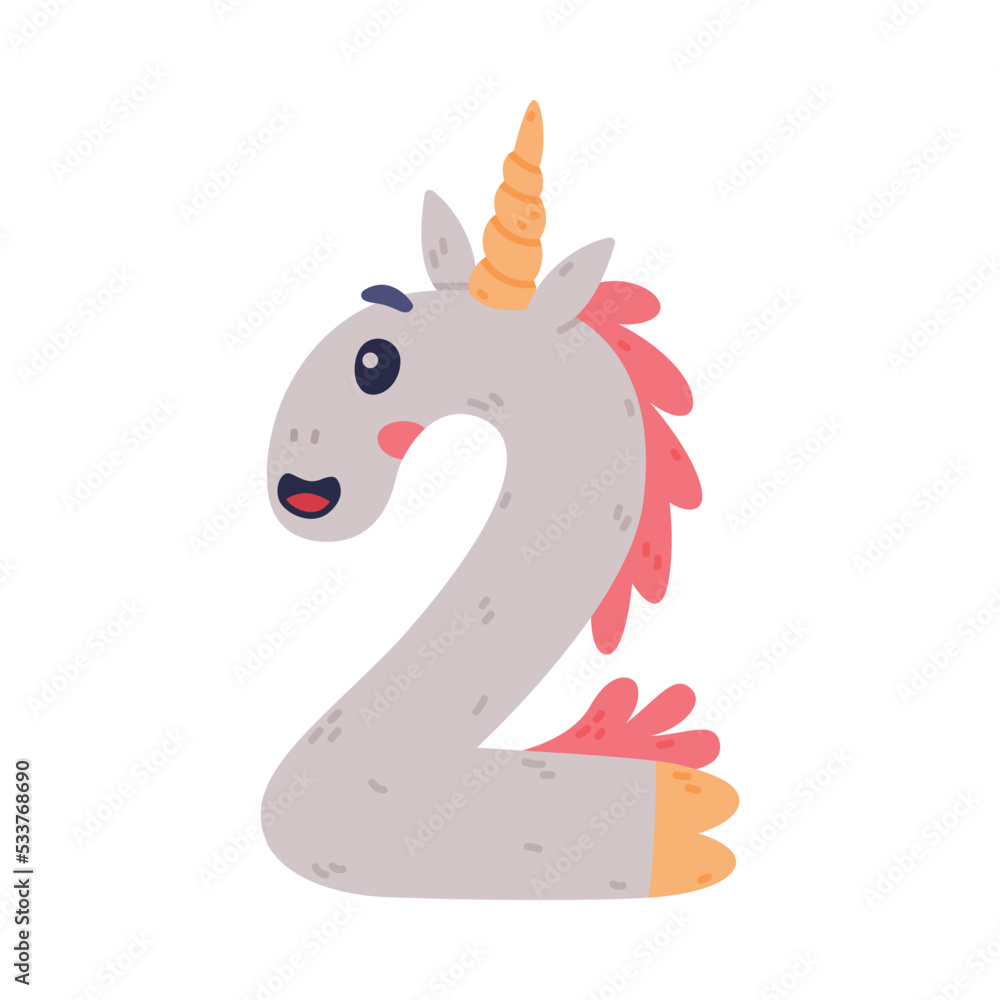 Obraz premium Unicorn Cute Number Two or Numeral with Smiling Face and Twisted Horn Vector Illustration