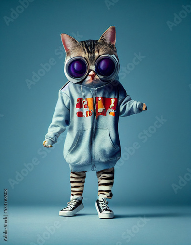 Portrait of a Cute little kitty cat . Posing at a photoshoot in Hiphop clothes with a colored background
