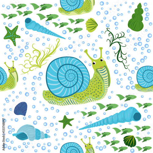 Snail, sea inhabitants seamless pattern, beautiful character among seashells, seaweed, starfish, sea animals of wildlife