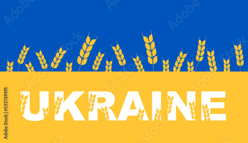 Word Ukraine on the flag colors background, blue sky and yellow gold wheat. Banner in support. Stop the war. National symbol.