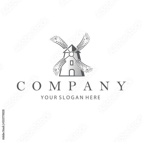 monochrome illustration of windmill and wheat ears isolated on white background