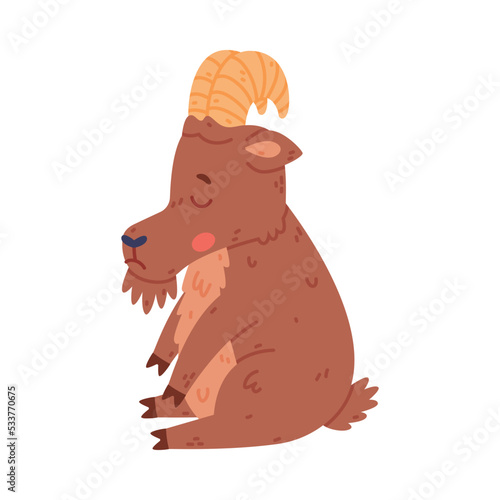 Urial Character with Horns Sitting with Sad Grimace Vector Illustration