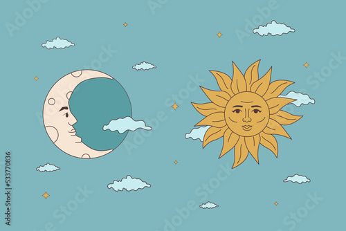 The sun and the moon in the sky. Magical illustration.