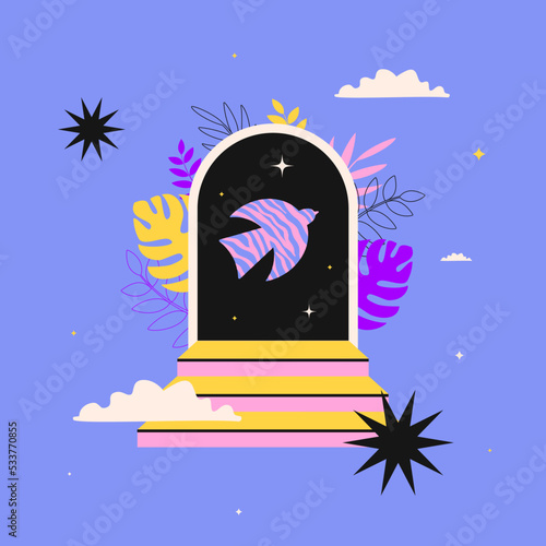 Textured bird on the background of an arch with steps. Abstract trend illustration.