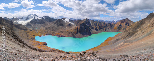 Panoramic landscape with lake and mountains  heart in the mountains, Ala-kul lake from Ala-kul pass during hike near Karakol in Kyrgyzstan © vladimir
