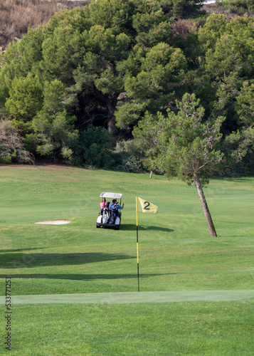 Golf cart in fairway of golf course with green grass and trees