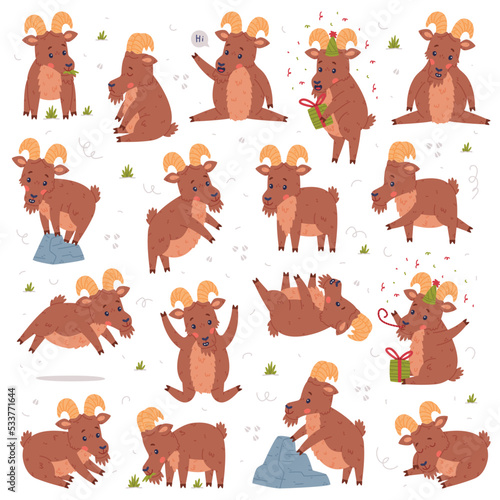 Urial Character as Wild Mountain Sheep with Horns Engaged in Different Activity Vector Set