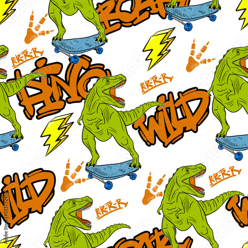 Grunge seamless pattern with cool dinosaur on skateboard and graffiti words. Background for boys