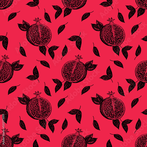Seamless pattern with pomegranate fruits on a red background. Stock illustration on a horticultural theme. It is used for menus, advertisements and covers, packaging paper, food illustrations.