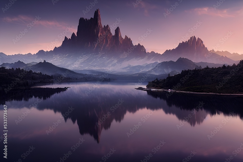 Sunrise in the Mountains Colorful summer view of a lake. Bright morning scene of Mountain on background, Italy, Europe. Traveling concept background. 