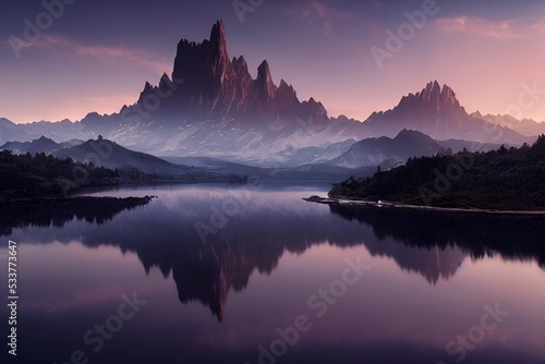 Sunrise in the Mountains Colorful summer view of a lake. Bright morning scene of Mountain on background, Italy, Europe. Traveling concept background.  © Hasan