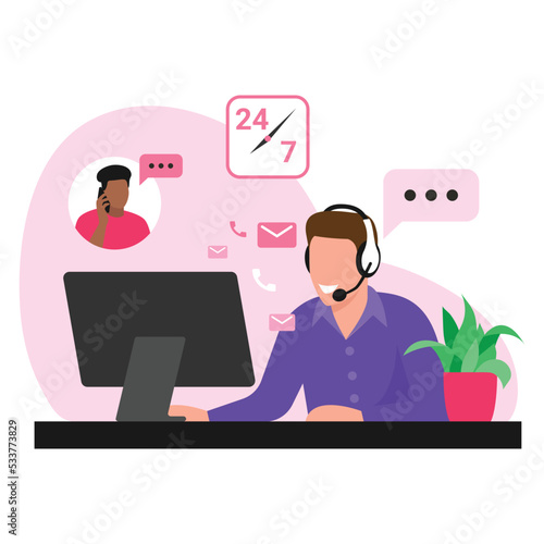 Vector illustration of a call center consultant. Cartoon scene with consultant who works 24/7, communicates with the client on the phone and solves the problem on the computer.