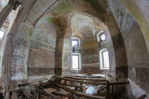 the interior of abandoned temple, interior of abandoned building