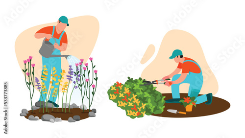 Vector illustration of gardeners. Cartoon scene with gardeners who water flowers, plant and trim bushes on white background.