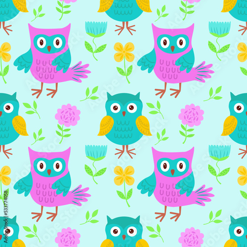 Vector seamless pattern with bright owls. Vector illustration with owls for children. It is used for printing on children's fabrics, packaging, wallpaper, textiles, design.