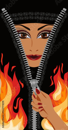 Arab woman in niqab and fire, female hand opens zipper , Burka is like a prison. vector illustration
