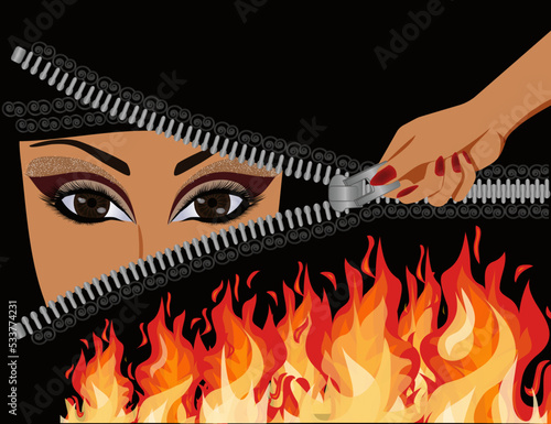 Burka is like a prison. Muslim arab woman woman in niqab and flame, female hand opens zipper , vector illustration