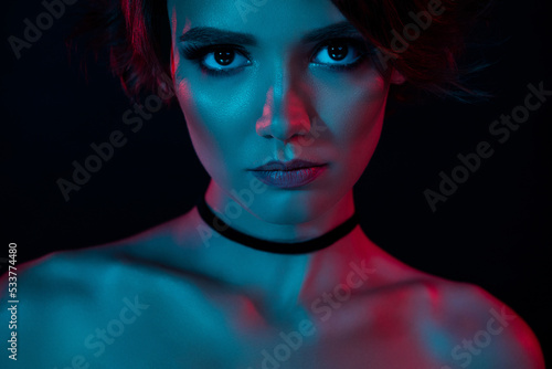 Canvas Print Close up photo of scary enchantress lady zombie looking under cyber abstract lig