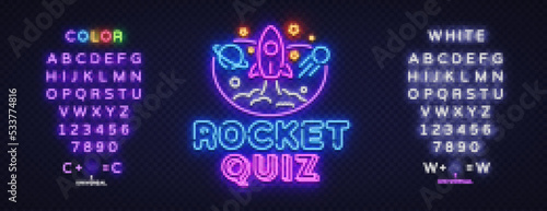 Quiz neon signboard vector. Rocket Quiz vintage styled neon glowing letters shining, Light Banner, Questions team game.Vector illustration