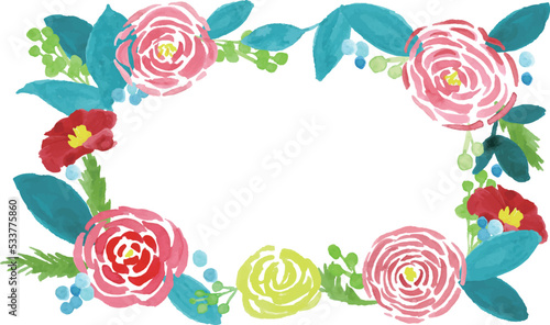水彩画。水彩タッチの椿と薔薇のベクター装飾フレーム。和風の植物フレーム。Watercolor. Vector decorative frame of camellia and rose with watercolor touch. Japanese style plant frame.
