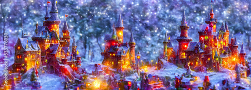 Abstract toy castle. Christmas winter background. 3d image