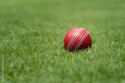 Closeup of a red cricket ball on a green grass