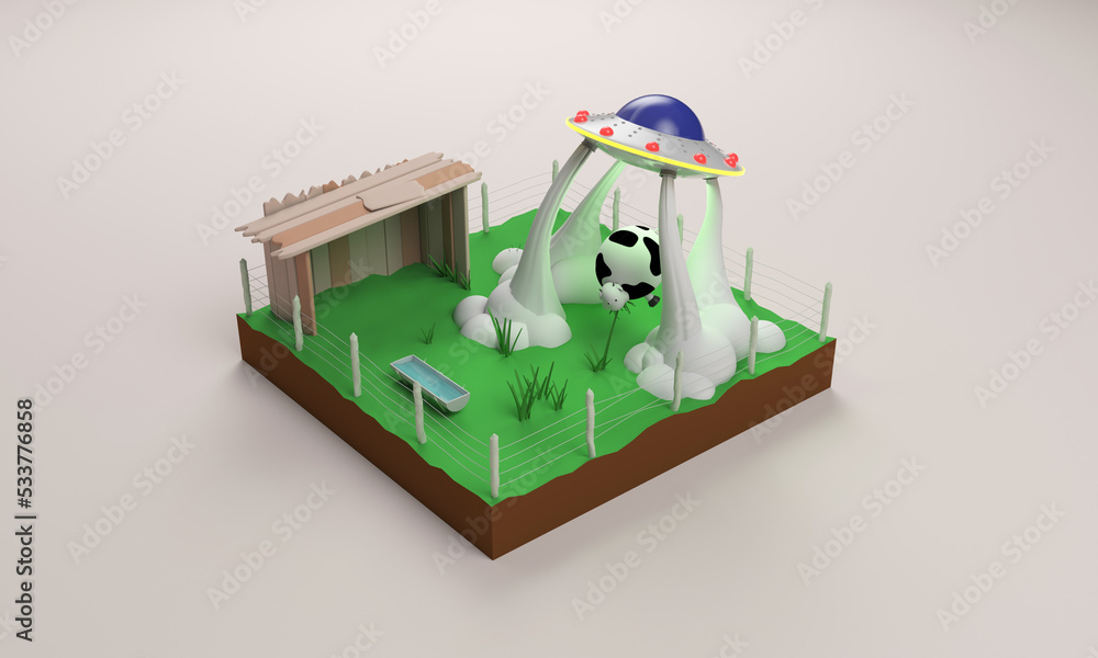 flying saucer, Ovini abducting a cow and holding it in the grass (3d illustration)