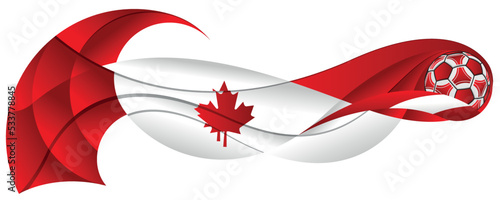 White and red soccer ball leaving an abstract wavy trail with the colors of the Canadian flag on a white background. Vector image
