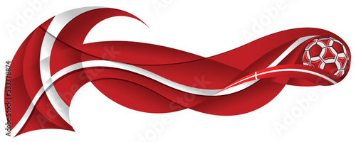 Red and white soccer ball leaving a wavy trail with the colors of the Danish flag on a white background. Vector image