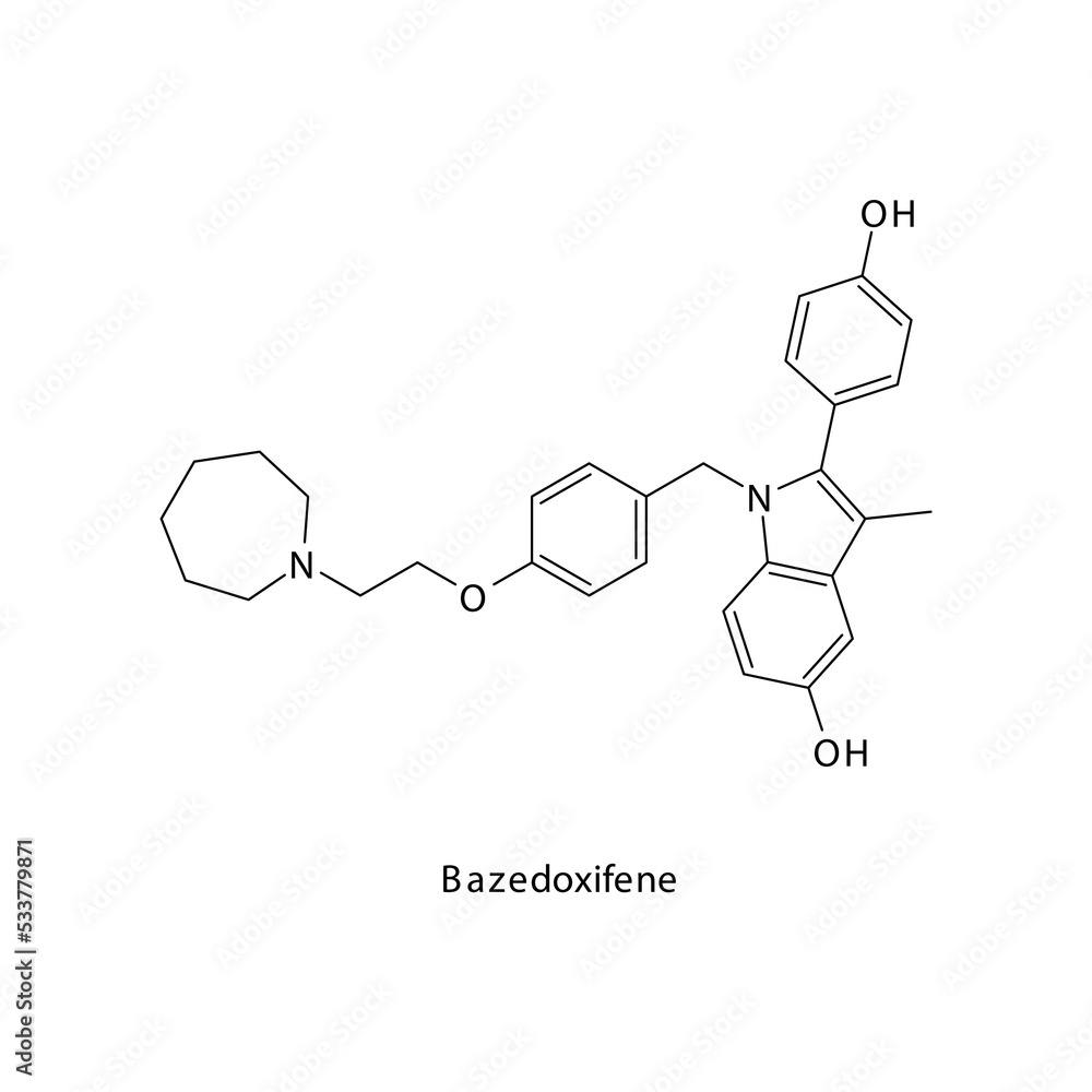 Bazedoxifene molecule flat skeletal structure, Estrogen receptor modulator used in postmenopausal osteoparosis Vector illustration on white background.