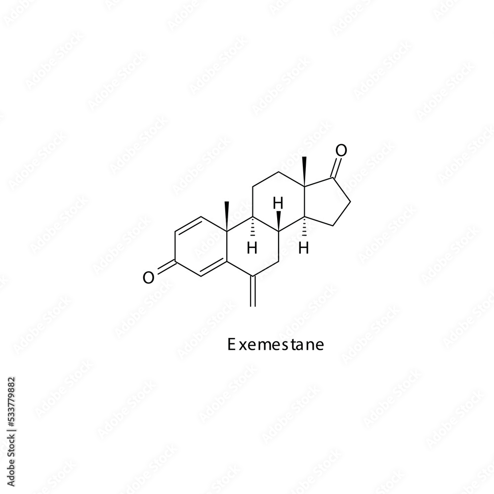 Exemestane molecule flat skeletal structure, Steroidal aromatase inhibitor used in breast cancer Vector illustration on white background. Exemestane molecule flat skeletal structure, Steroidal aromatase inhibitor used in breast cancer Vector illustration on white background.