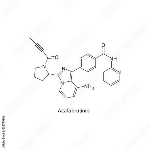 Acalabrutinib molecule flat skeletal structure, Tyrosine kinase - EGFR, BCR-ABL inhibitor used in Chronic myelogenous leukemia Vector illustration on white background.