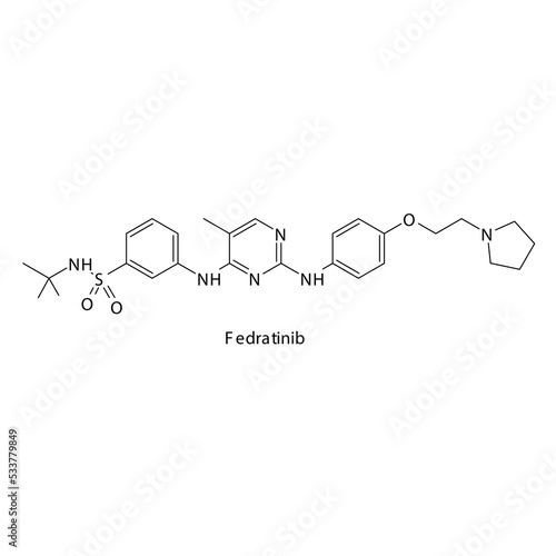 Fedratinib molecule flat skeletal structure, Tyrosine kinase - JAK inhibitor used in Myeloid cancer Vector illustration on white background.