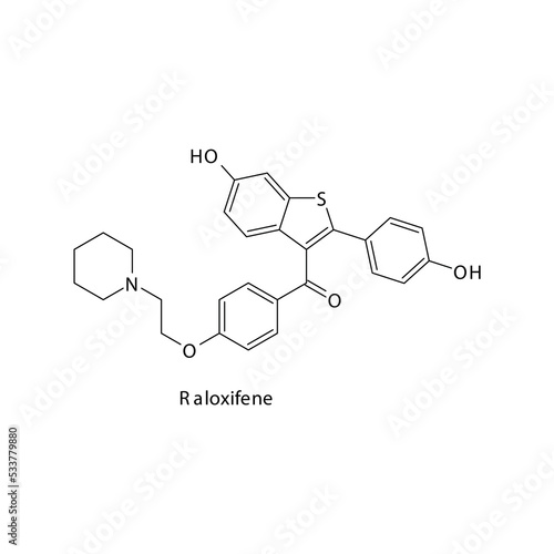 Raloxifene molecule flat skeletal structure, Estrogen receptor modulator used in postmenopausal osteoparosis, vaginal atrophy Vector illustration on white background. photo