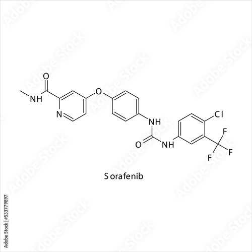 Sorafenib molecule flat skeletal structure, Tyrosine kinase - EGFR, VEGFR inhibitor used in Primary liver cancer, thyroid carcinoma Vector illustration on white background.