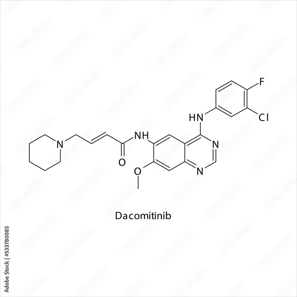 Dacomitinib molecule flat skeletal structure, Tyrosine kinase - EGFR inhibitor used in non-small cell lung cancer Vector illustration on white background.