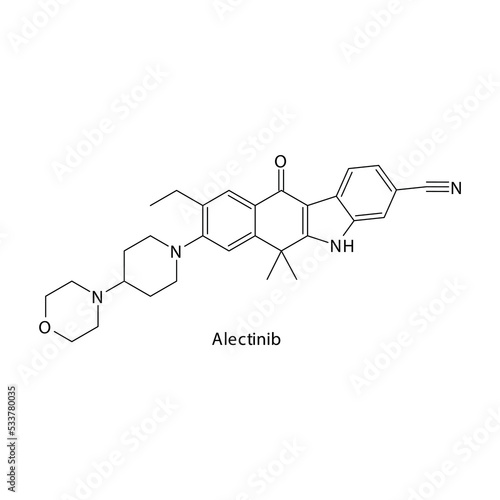 Alectinib molecule flat skeletal structure, Tyrosine kinase - EGFR inhibitor used in non-small cell lung cancer, pancreatic cancer Vector illustration on white background.