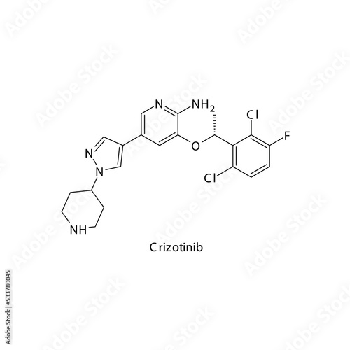 Crizotinib molecule flat skeletal structure, Tyrosine kinase - EGFR inhibitor used in non-small cell lung cancer, pancreatic cancer Vector illustration on white background.