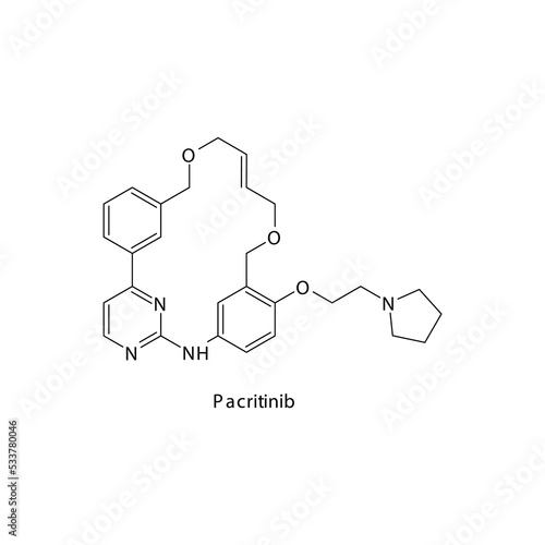 Pacritinib molecule flat skeletal structure, Tyrosine kinase - JAK inhibitor used in Myelofibrosis Vector illustration on white background.