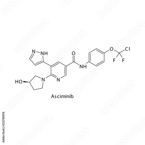 Asciminib molecule flat skeletal structure, Protein kinase - STAMP inhibitor used in Chronic myelogenous leukemia Vector illustration on white background.