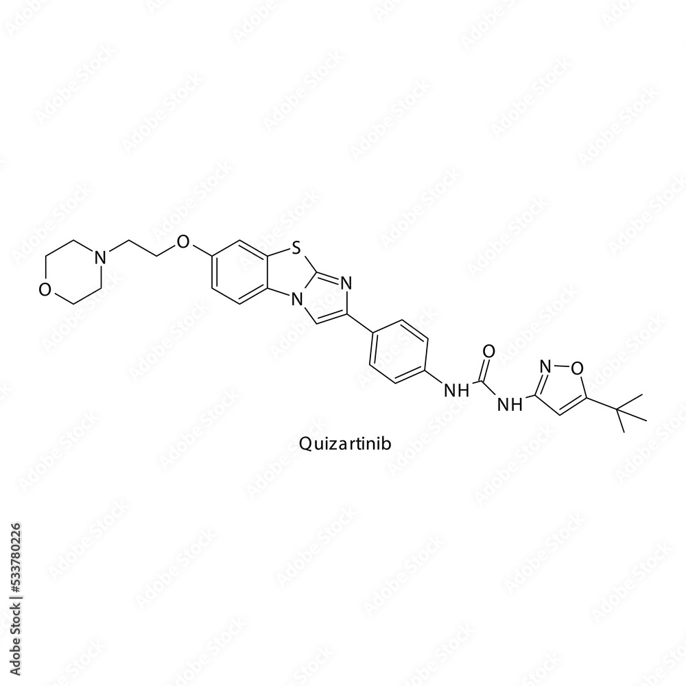 Quizartinib molecule flat skeletal structure, Tyrosine kinase - EGFR inhibitor used in research Vector illustration on white background. Quizartinib molecule flat skeletal structure, Tyrosine kinase - EGFR inhibitor used in research Vector illustration on white background.
