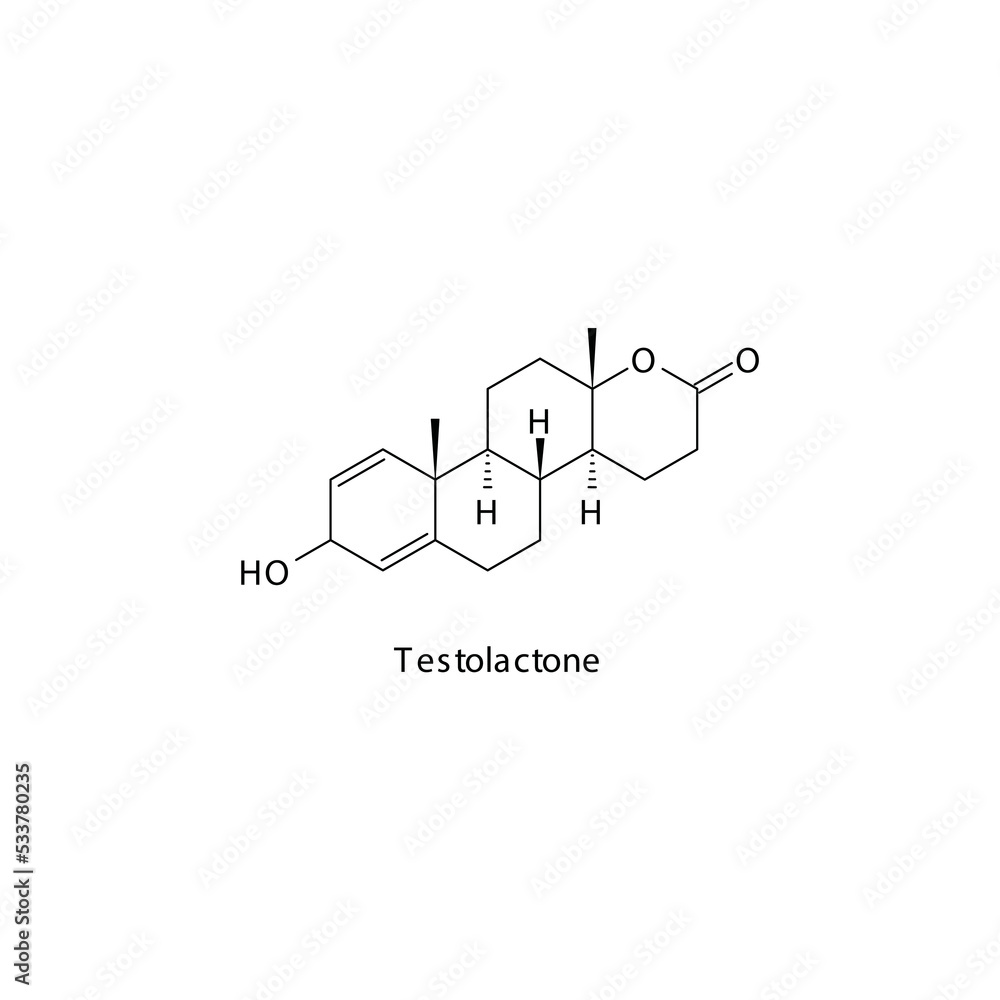 Testolactone  molecule flat skeletal structure, Steroidal aromatase inhibitor used in breast cancer Vector illustration on white background.