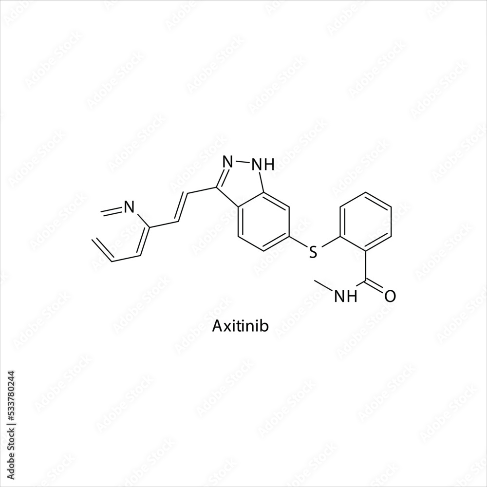 Axitinib molecule flat skeletal structure, Tyrosine kinase - EGFR inhibitor used in Renal cell carcinoma Vector illustration on white background. Axitinib molecule flat skeletal structure, Tyrosine kinase - EGFR inhibitor used in Renal cell carcinoma Vector illustration on white background.